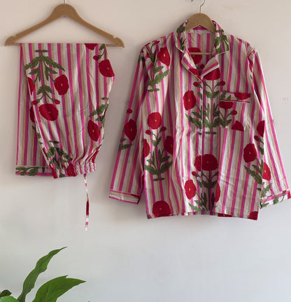 Hand Block Printed cotton Night Suit V-Neckline Shirt With Pajama Women Wear PJ Sets With Elastic Waist