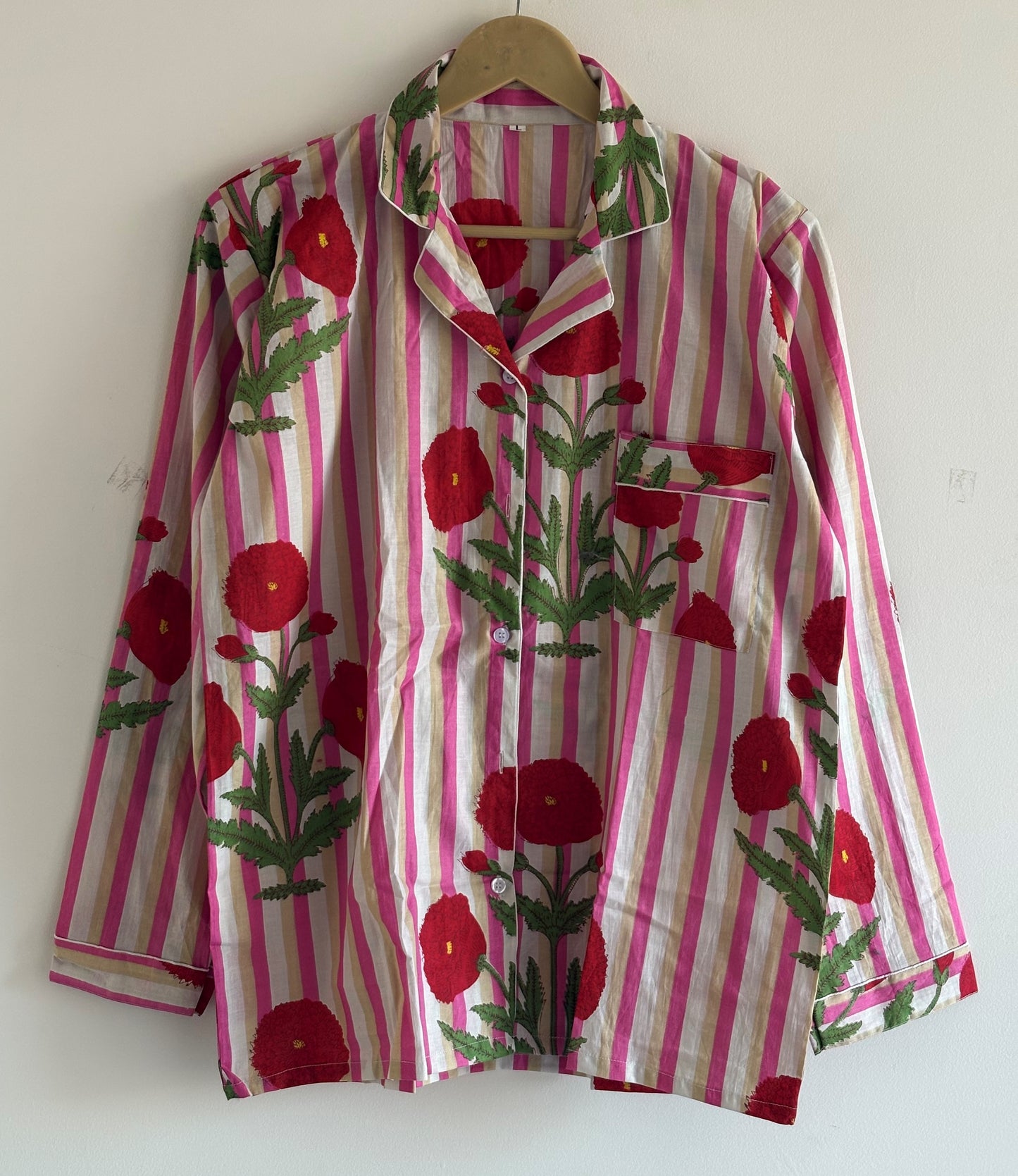 Hand Block Printed cotton Night Suit V-Neckline Shirt With Pajama Women Wear PJ Sets With Elastic Waist