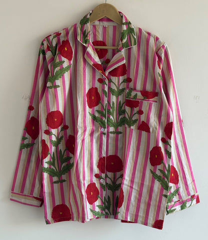Hand Block Printed cotton Night Suit V-Neckline Shirt With Pajama Women Wear PJ Sets With Elastic Waist