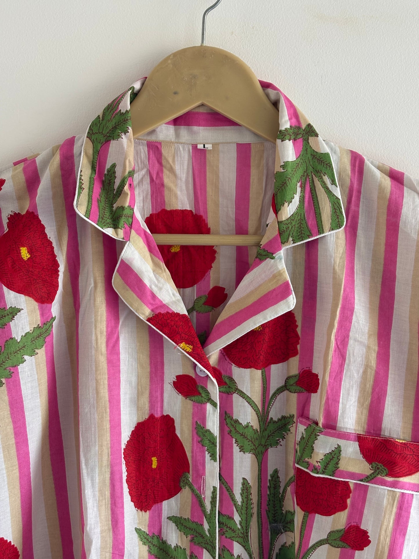 Hand Block Printed cotton Night Suit V-Neckline Shirt With Pajama Women Wear PJ Sets With Elastic Waist