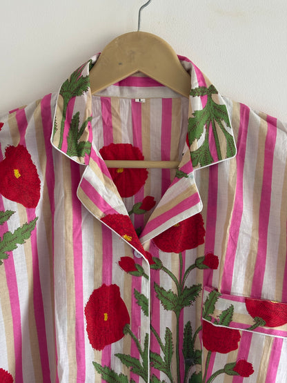 Hand Block Printed cotton Night Suit V-Neckline Shirt With Pajama Women Wear PJ Sets With Elastic Waist