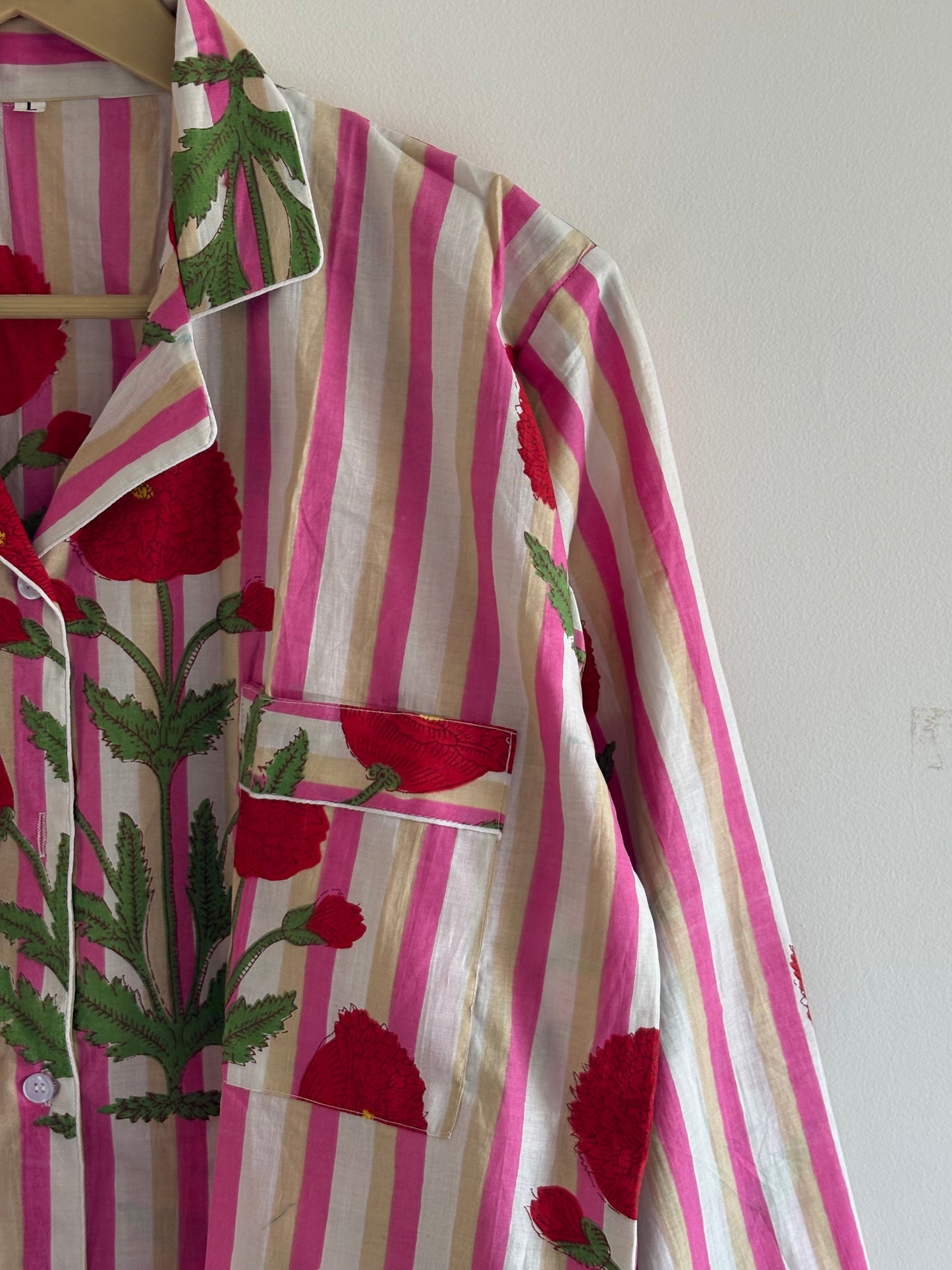 Hand Block Printed cotton Night Suit V-Neckline Shirt With Pajama Women Wear PJ Sets With Elastic Waist