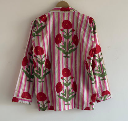 Hand Block Printed cotton Night Suit V-Neckline Shirt With Pajama Women Wear PJ Sets With Elastic Waist