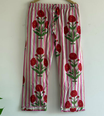 Hand Block Printed cotton Night Suit V-Neckline Shirt With Pajama Women Wear PJ Sets With Elastic Waist