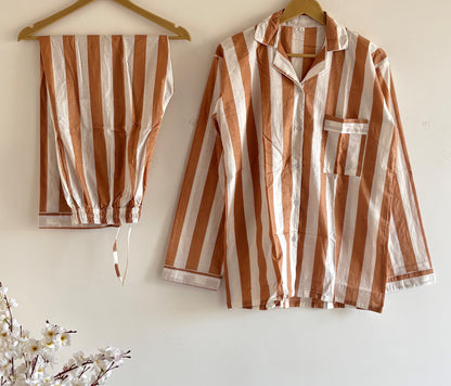 Hand Block Light Weight Brown With White Striped Print Cotton Pyjama For Women Night House Pjs Dress