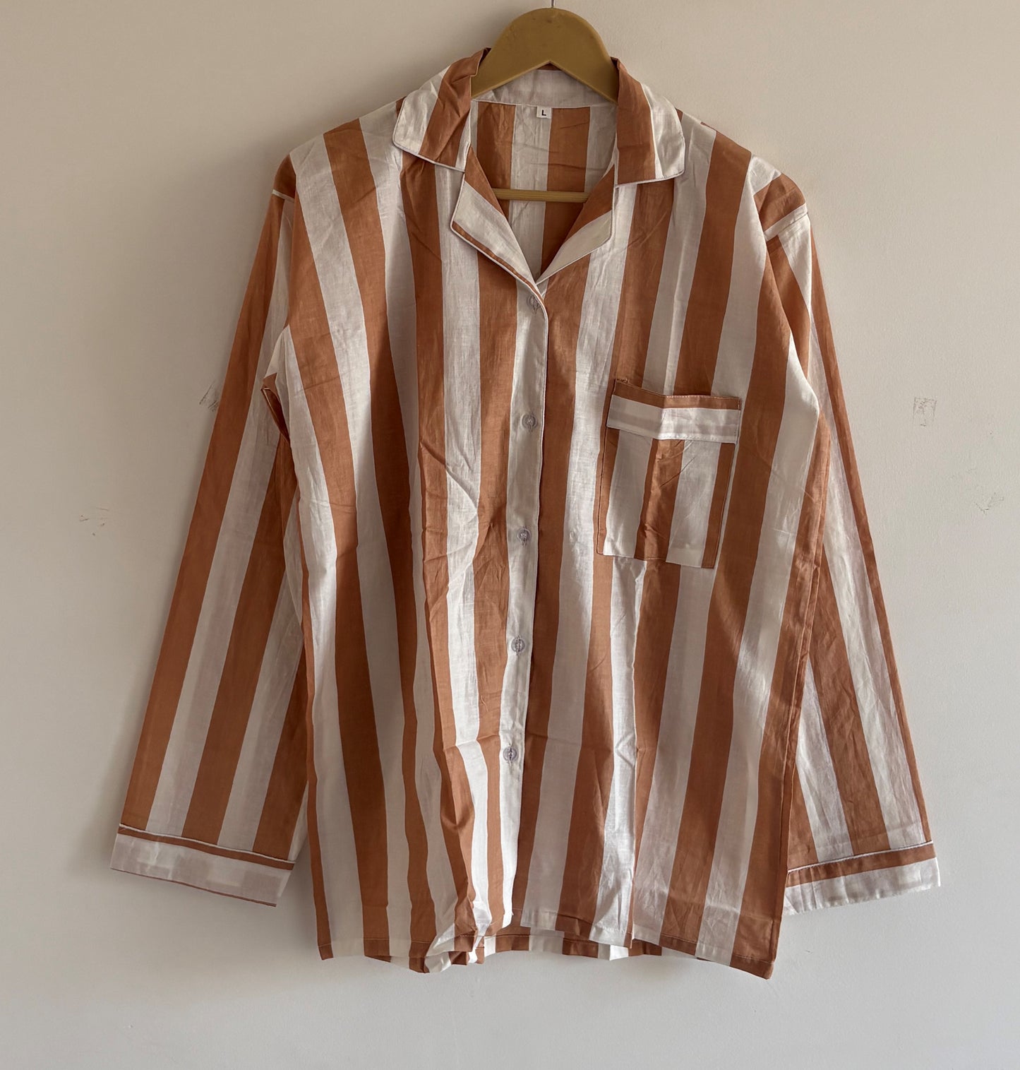Hand Block Light Weight Brown With White Striped Print Cotton Pyjama For Women Night House Pjs Dress
