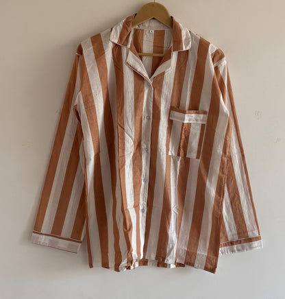 Hand Block Light Weight Brown With White Striped Print Cotton Pyjama For Women Night House Pjs Dress