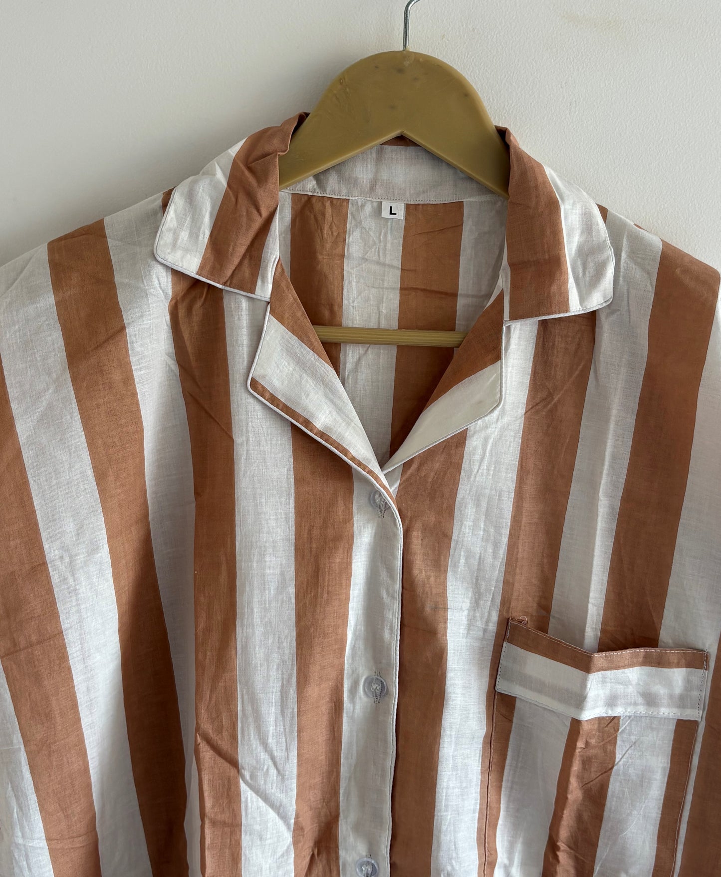 Hand Block Light Weight Brown With White Striped Print Cotton Pyjama For Women Night House Pjs Dress