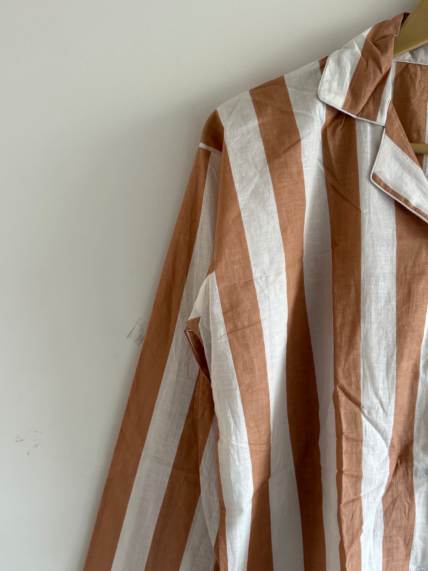 Hand Block Light Weight Brown With White Striped Print Cotton Pyjama For Women Night House Pjs Dress