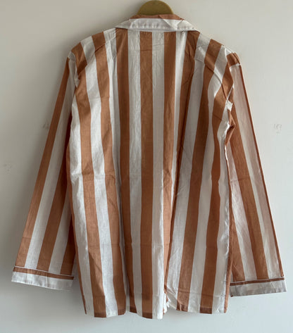 Hand Block Light Weight Brown With White Striped Print Cotton Pyjama For Women Night House Pjs Dress