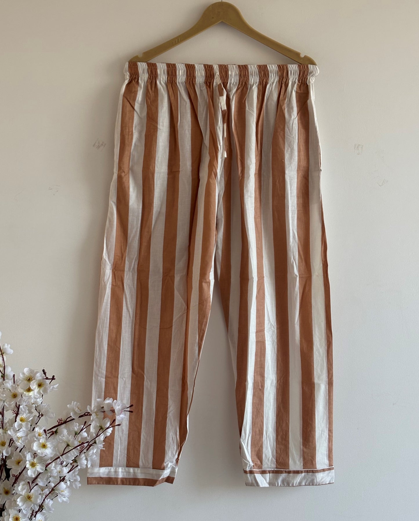 Hand Block Light Weight Brown With White Striped Print Cotton Pyjama For Women Night House Pjs Dress