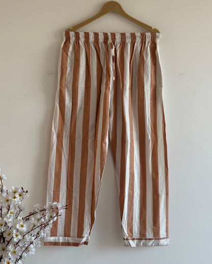 Hand Block Light Weight Brown With White Striped Print Cotton Pyjama For Women Night House Pjs Dress