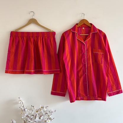 Striped Print Indian Soft Cozy Cotton Night Suit For Women's Summer Sundress Beautiful Pj Set