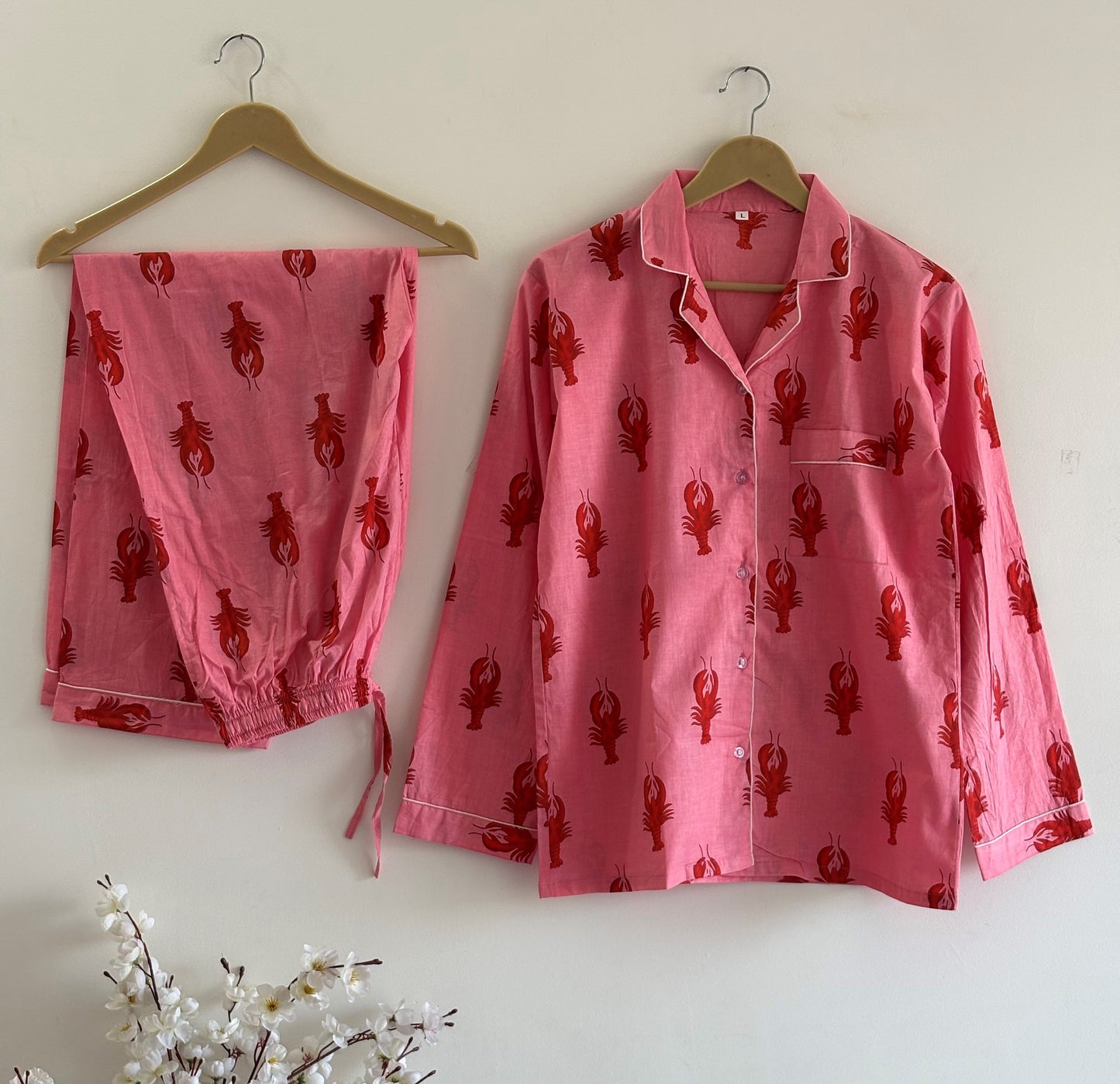 Pink Lobster Cotton Pajama Set For Women Hand Block Print Lobster Pajamas Set Breathable Summer Nightwear Button Down PJ Set