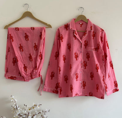 Pink Lobster Cotton Pajama Set For Women Hand Block Print Lobster Pajamas Set Breathable Summer Nightwear Button Down PJ Set