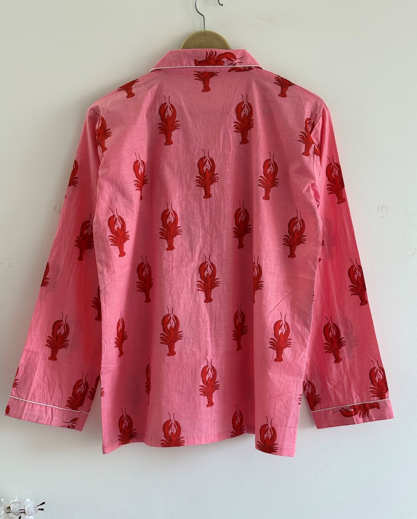 Pink Lobster Cotton Pajama Set For Women Hand Block Print Lobster Pajamas Set Breathable Summer Nightwear Button Down PJ Set
