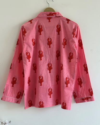 Pink Lobster Cotton Pajama Set For Women Hand Block Print Lobster Pajamas Set Breathable Summer Nightwear Button Down PJ Set