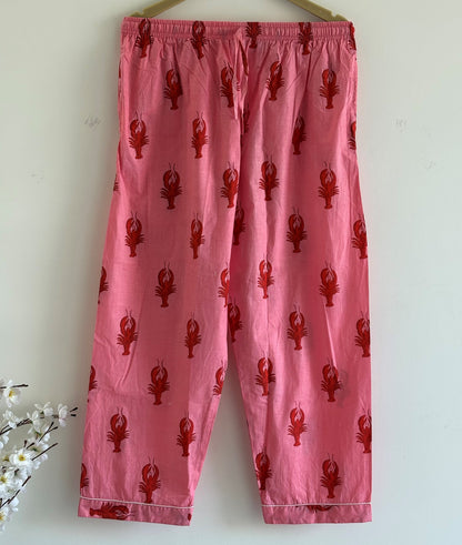 Pink Lobster Cotton Pajama Set For Women Hand Block Print Lobster Pajamas Set Breathable Summer Nightwear Button Down PJ Set