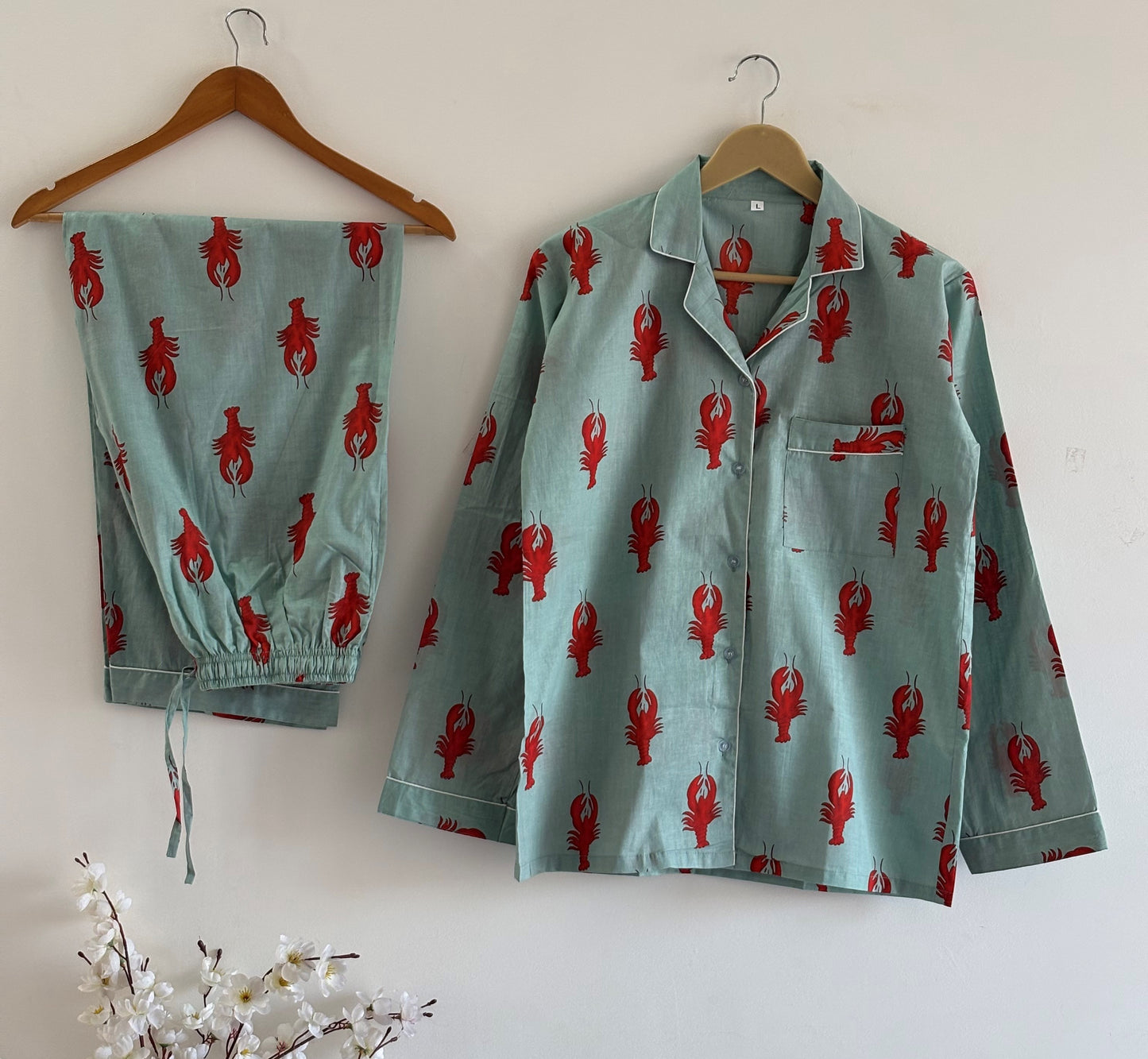 Soft Cotton Lobster Print Pajama Set Women’s Nightwear Lounge Set Beautiful Summer Casual Pjs