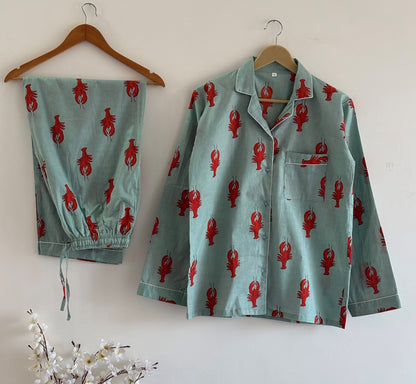 Soft Cotton Lobster Print Pajama Set Women’s Nightwear Lounge Set Beautiful Summer Casual Pjs