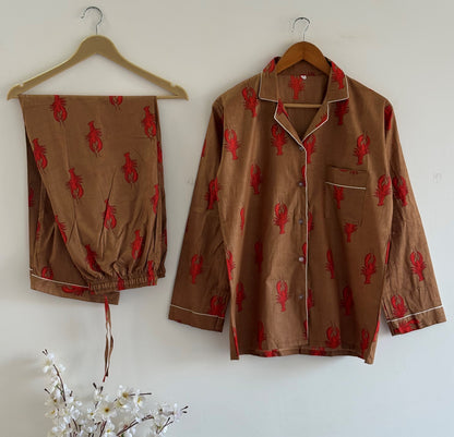 Lobster Bridesmaid Cotton Pajama Block Print Bridesmaid Night Party Wear Matching Pj Set