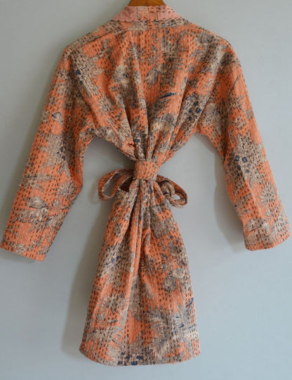 Screen Print Cotton Kantha Quilt Open Coat Short Jacket