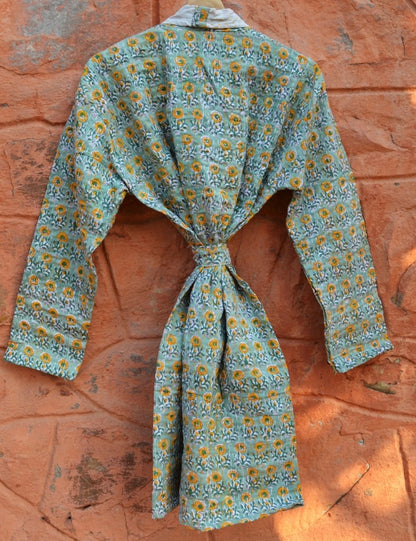 Hand Block Print Kantha Quilt Open Coat Dress