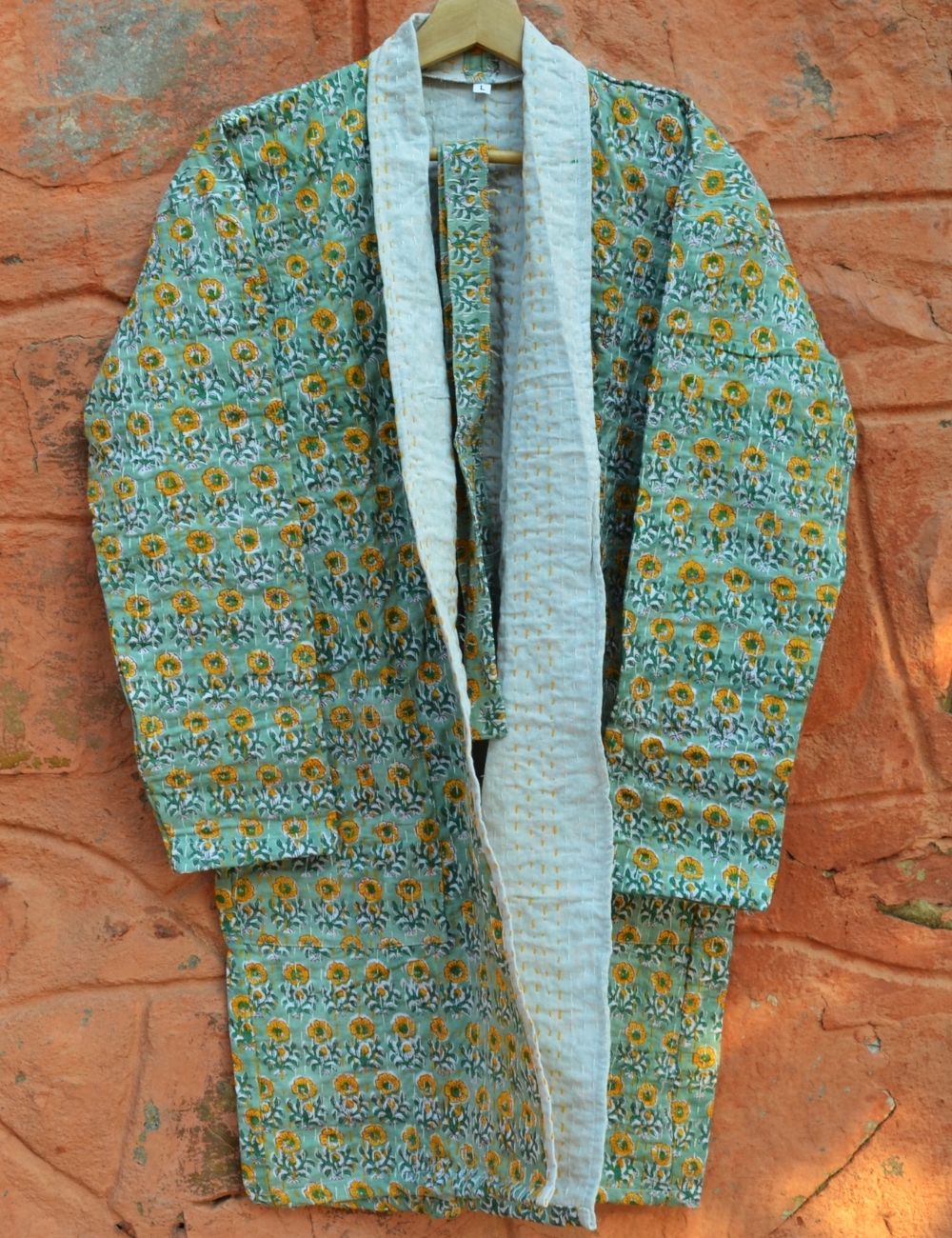 Hand Block Print Kantha Quilt Open Coat Dress