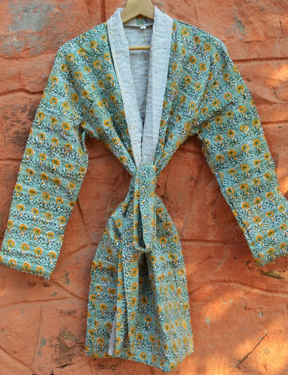 Hand Block Print Kantha Quilt Open Coat Dress