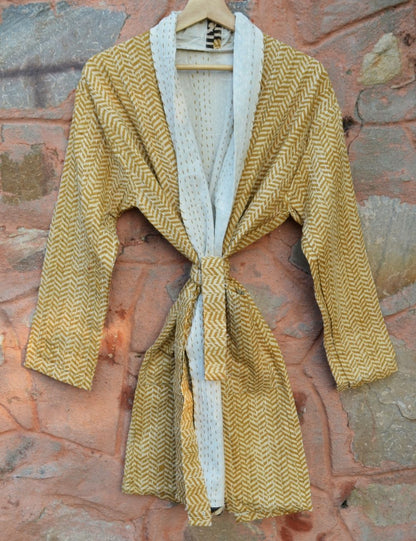 Kantha Short Jacket Women Beach Cover Coat Striped Print