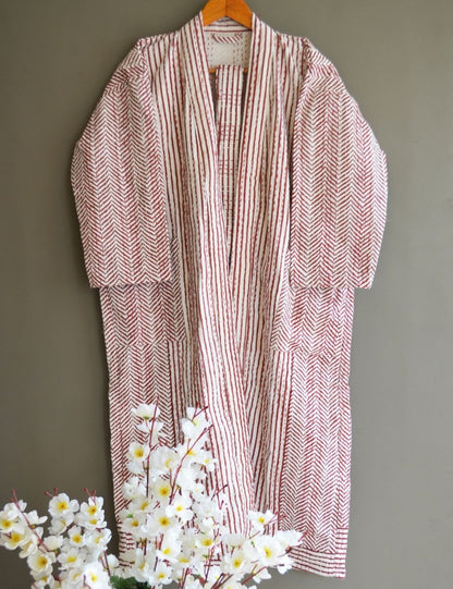 Indian Handmade Quilted Cotton Kantha Kimono Striped Print Robe