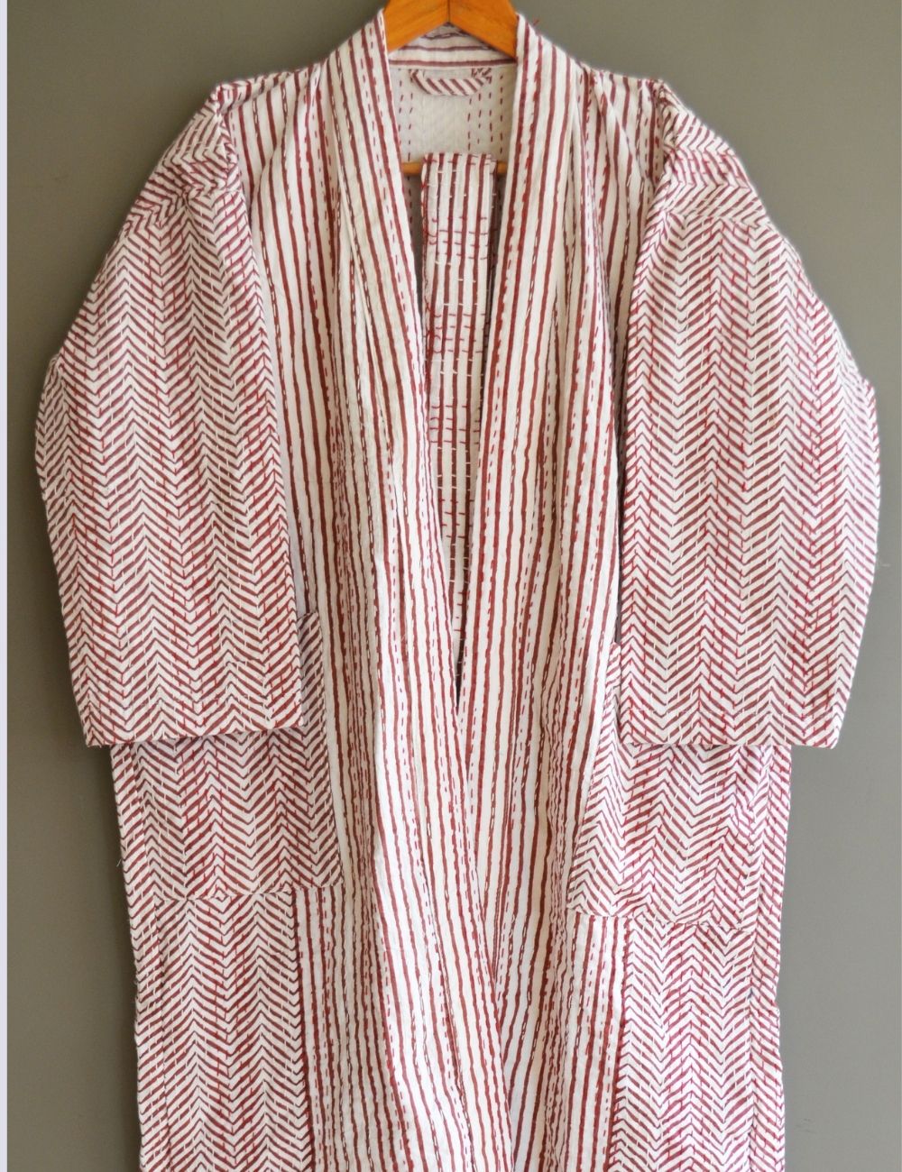 Indian Handmade Quilted Cotton Kantha Kimono Striped Print Robe