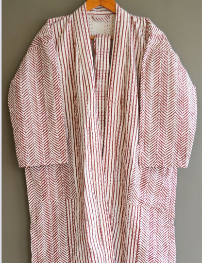 Indian Handmade Quilted Cotton Kantha Kimono Striped Print Robe