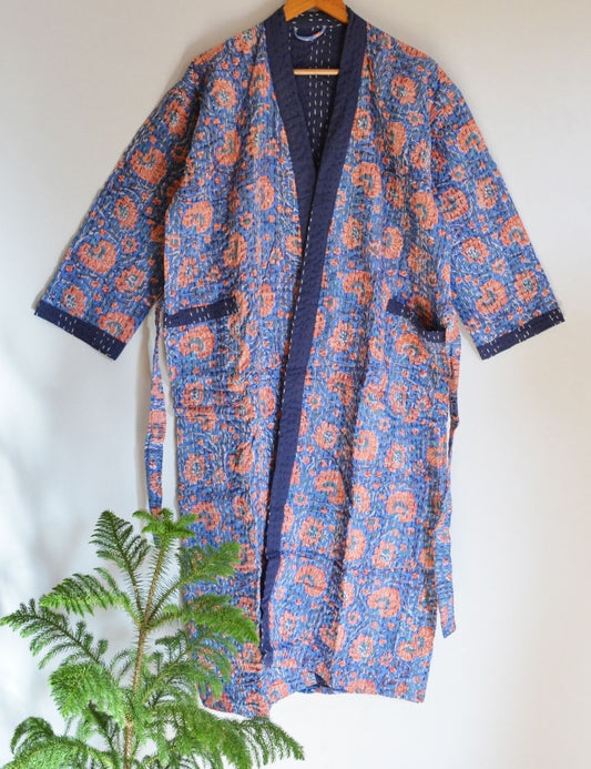 Floral Print Hand Block Cotton Kantha Quilt Kimono