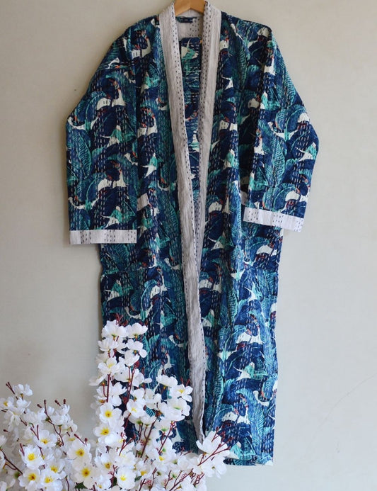 Blue Leaf Print Luxury Quilted Night Wear Robe