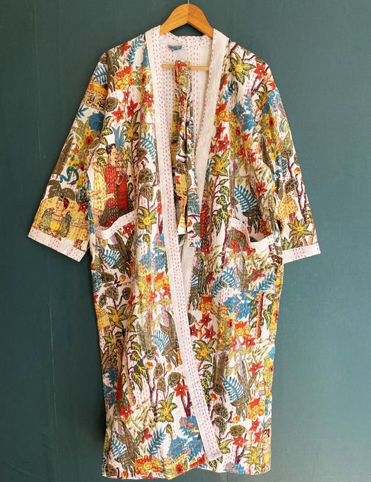 Frida Print Kantha Throw Ethnic Long Jacket