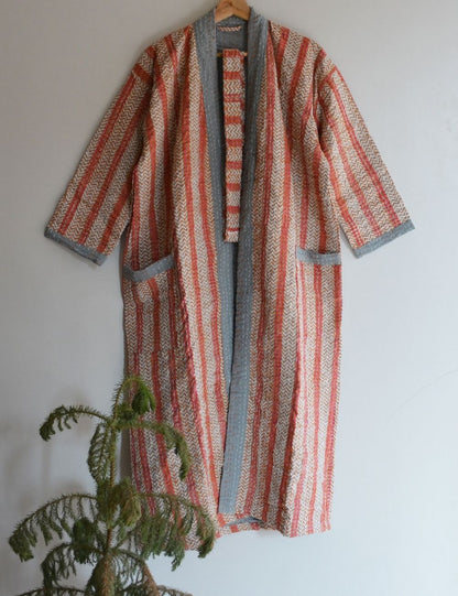 Striped Print Sleepwear Comfy Kantha Kimono Dressing Gown