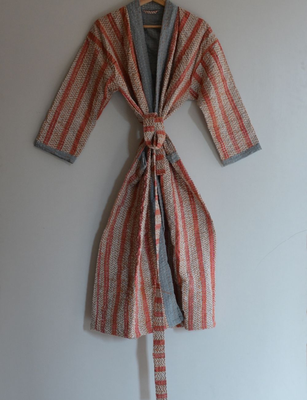 Striped Print Sleepwear Comfy Kantha Kimono Dressing Gown