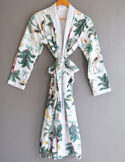 Jungle Print Pure Cotton Night Robes Beautiful White Boho Kimono