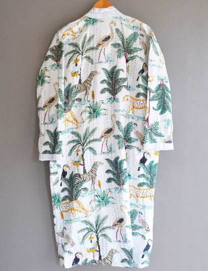 Jungle Print Pure Cotton Night Robes Beautiful White Boho Kimono