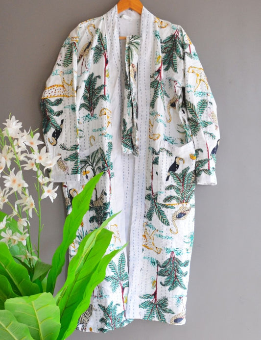 Jungle Print Pure Cotton Night Robes Beautiful White Boho Kimono