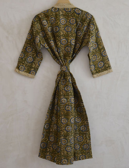 Floral Print Indian Bagru Vinatge Robe For Winter Warm