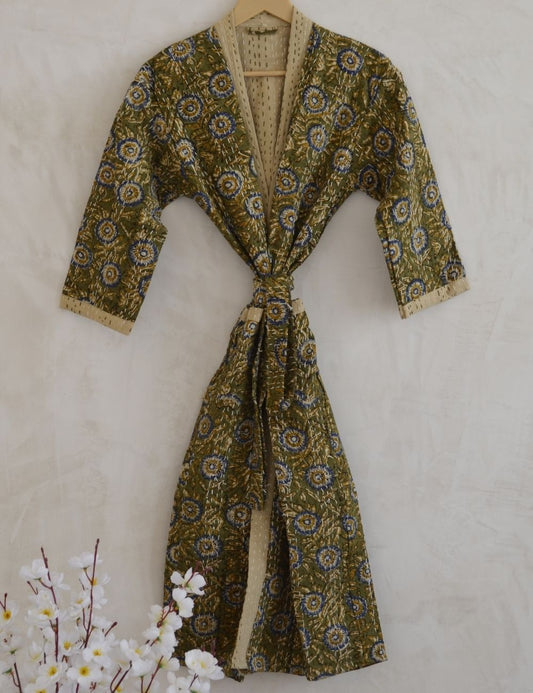 Floral Print Indian Bagru Vinatge Robe For Winter Warm