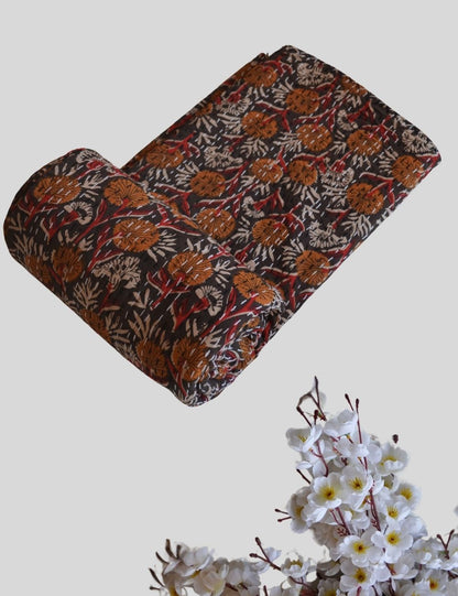 Hand Quilted Floral Print Indian Bagru Vinatge Reversible Bedspreads