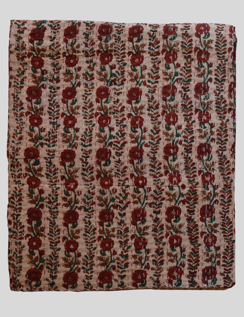 Indian Kantha Quilt Block Print Quilted Beige Bedspread Indian Hand Block Print