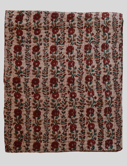 Indian Kantha Quilt Block Print Quilted Beige Bedspread Indian Hand Block Print