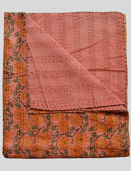 Floral Print Indian Handmade Quilted Kantha Quilt For Winter Warm Blancket