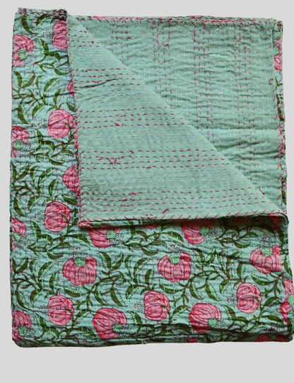 Vintage Kantha Quilt Indian Handmade Boho Soft Cozy Blanket