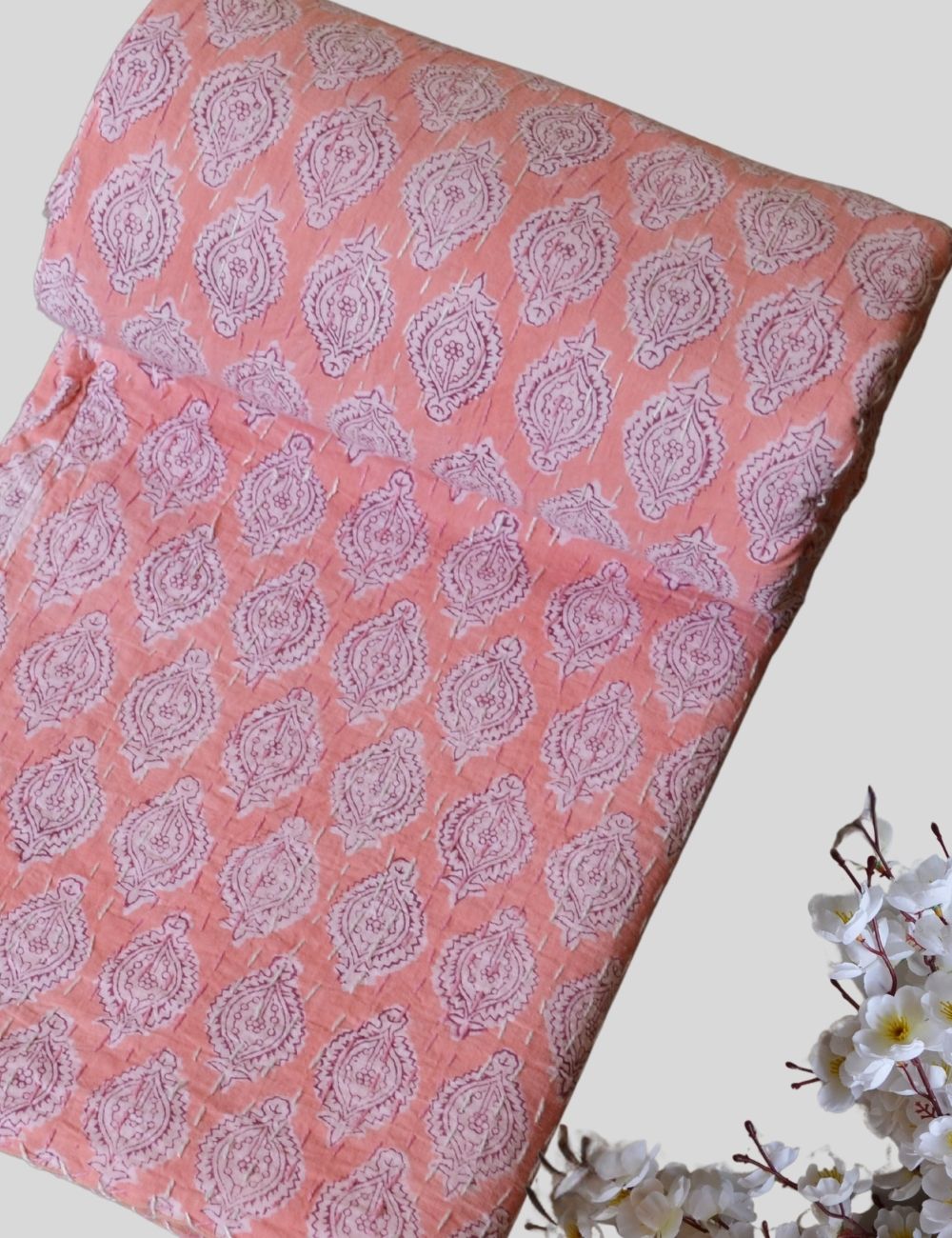 Beautiful Pink Organic Cotton Kantha Quilt Ac Soft Blanket