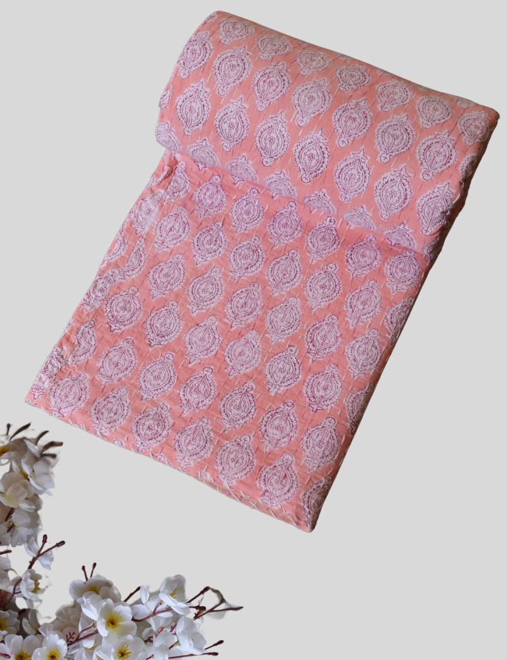 Beautiful Pink Organic Cotton Kantha Quilt Ac Soft Blanket